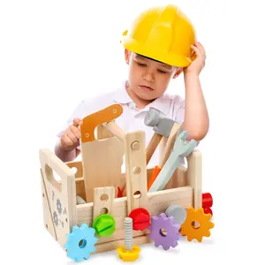 2022新型木制建筑玩具假装玩耍玩具工具包儿童橡胶木工具箱玩具