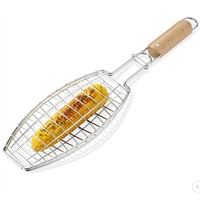 JB Spatule de barbecue en acier inoxydable, grille de cuisson portable, rôtissoire à poisson, barbecue avec manche en bois, grille pour intérieur et extérieur