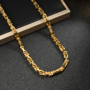 Colliers de mode unisexe en acier inoxydable plaqué or 18 carats, avec chaîne byzantine et accents cylindriques texturés épais polis, brillants, en gros - Product Image 1