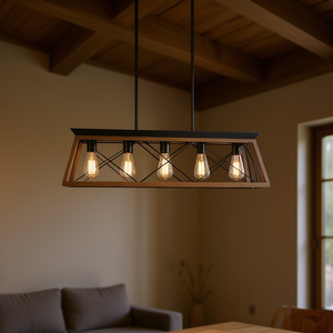 Modern Metal Cage 32 Inch Rectangle Pendant Chandelier Adjustable Hanging <b>Light</b> for <b>Dining</b> Room E26 Bulb Base Black Finish - Product Image 2