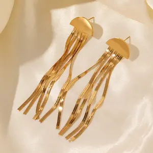 Wholesale Non Tarnish Gold Plated Stainless Steel Drop Earrings Waterproof Jewelry Half Circle Blade Chain Tassel Charm Earrings