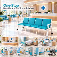 Banc d'attente moderne pour hôpital, 4 places, chaises rembourrées bleues, structure en métal blanc avec accoudoirs pour clinique, réception médicale