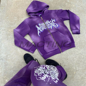 Conjunto de Sudadera con capucha de lavado ácido y cremallera desgastada vintage unisex para hombre de 100% algodón de gran tamaño con forro polar pesado y logotipo personalizado - Product Image 3