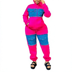 Women Denim Patchwork Tracksuit Set Hooded Long Sleeve Color Block Sweatshirt <b>Pants</b> Casual Plus Size Autumn Wear - Product Image 3