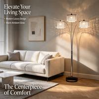 Lampadaire LED 3 lumières en métal chromé avec bras incurvé en cristal et culot E27, design moderne et luxueux pour salon et côté canapé