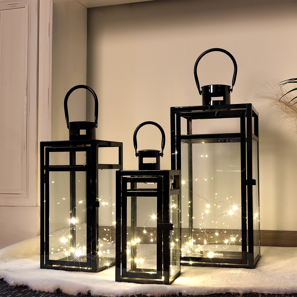 Lot de 3 grandes lanternes à bougie modernes en métal noir pour jardin, bougeoir suspendu en métal, lanternes vides extérieures pour mariage