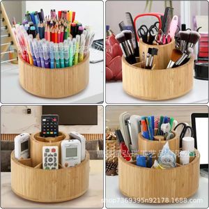 Caja de almacenamiento giratoria de bambú para papelería, artículos de papelería para estudiantes, caja de almacenamiento para bolígrafos de acuarela, caja de almacenamiento multiusos para brochas de maquillaje - Product Image 2