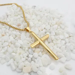 Hip Hop Jewelry Tarnish Free Mens Pendant Chain Necklace Stainless Steel 18K Gold Plated Religious Cross Necklace For Men
