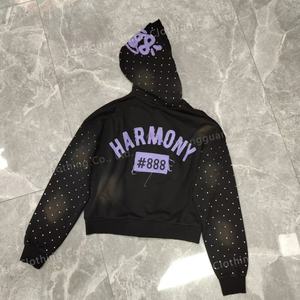 Sudadera con capucha y cremallera de algodón 100% de 500 g/m² de alta calidad, con lavado ácido, efecto vintage, desgastada, con pedrería y efecto descolorido por el sol. - Product Image 5