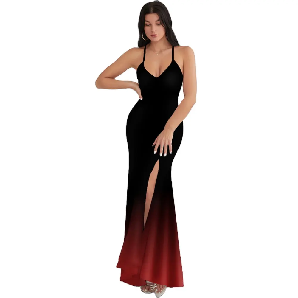 Custom Made Black Red Gradient Print Backless Plunge Maxi Casual Black Dress