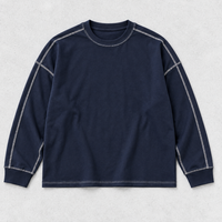 Kaos Pria Kustom 300GSM 100% Katun Tebal Lengan Panjang Warna Biru Tua Model Boxy Drop Shoulder Jahitan Kontras Kerah Bulat Kasual Grosir OEM