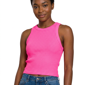 Women's Pink Ribbed Knitted Eco-Friendly Breathable Streetwear Tank <b>Top</b> Crew Neck Sleeveless Regular Length Printed <b>Beading</b> - Product Image 1