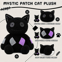 Peluche de chat noir gothique cousue de haute qualité pour Halloween, rembourrage en coton PP, décoration chaton patchwork effrayant pour fête d'Halloween