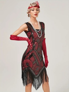 Vestidos Flapper Art Deco con Lentejuelas y Cuentas <span class=keywords><strong>para</strong></span> <span class=keywords><strong>Mujer</strong></span>, Estilo Años 20, Fiesta <span class=keywords><strong>de</strong></span> Gran Gatsby, Vestido con Flecos y Borlas, Cuello Cuadrado, Sin Mangas, Vintage - Product Image 3
