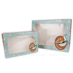 Boîte à donuts personnalisée avec motif de confettis, boîte de boulangerie bleu clair avec fenêtre transparente pour donuts et pâtisseries - Product Image 1