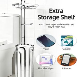 Support de rangement vertical pour <span class=keywords><strong>papier</strong></span> <span class=keywords><strong>toilette</strong></span> en fil de fer chromé avec étagère supérieure pour salle de bain - Product Image 2