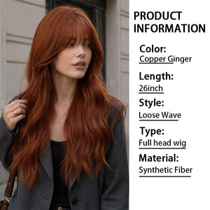 Perruque synthétique longue ondulée auburn gingembre pour femme, avec <span class=keywords><strong>frange</strong></span> aérienne, résistante à la chaleur, ligne de cheveux naturelle, sans colle – Fournisseur d'usine - Product Image 1