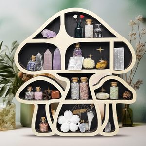 Wooden Mushroom Shaped Storage Rack 4 Layers <b>Wall</b> Mounted <b>Display</b> For Crystals And Miscellaneous Items - Product Image 1