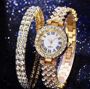 <span class=keywords><strong>Montre</strong></span>-<span class=keywords><strong>bracelet</strong></span> pour <span class=keywords><strong>femme</strong></span> <span class=keywords><strong>Montre</strong></span> tendance à quartz sertie de diamants + <span class=keywords><strong>bracelet</strong></span> à <span class=keywords><strong>double</strong></span> rangée de diamants 2pcs <span class=keywords><strong>Montre</strong></span> cadeau - Product Image 2