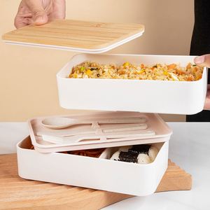 Boîte à bento personnalisée à double couche en PP avec couvercle en bois, couvercle réutilisable en bambou, boîtes à lunch en plastique à double couche avec couverts - Product Image 4