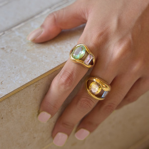 Modern 18K <b>Gold</b> Plated <b>Cocktail</b> <b>Ring</b> With Natural Peridot And Oval Gemstone Geometric Design Unisex Party Jewelry - Product Image 2