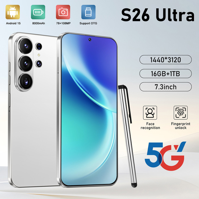 S26 Ultra 5G Smartphone 7.3" 108MP AI Camera 16GB 1TB 8000mAh Fast Charge Face Recognition Fingerprint Dual SIM Android 15 Deca