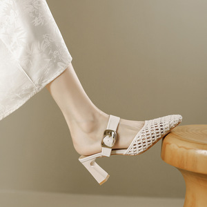 Women's Black Mule Heels Satin Upper with Metal Buckle Strap Thin Heel Breathable Summer Wedding Shoes Fashionable Occasions - Product Image 5