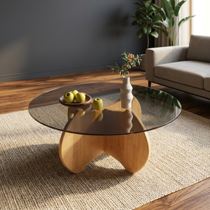 Table basse moderne en verre trempé rond avec base en bois, meubles de salon, design décoratif - Product Image 3
