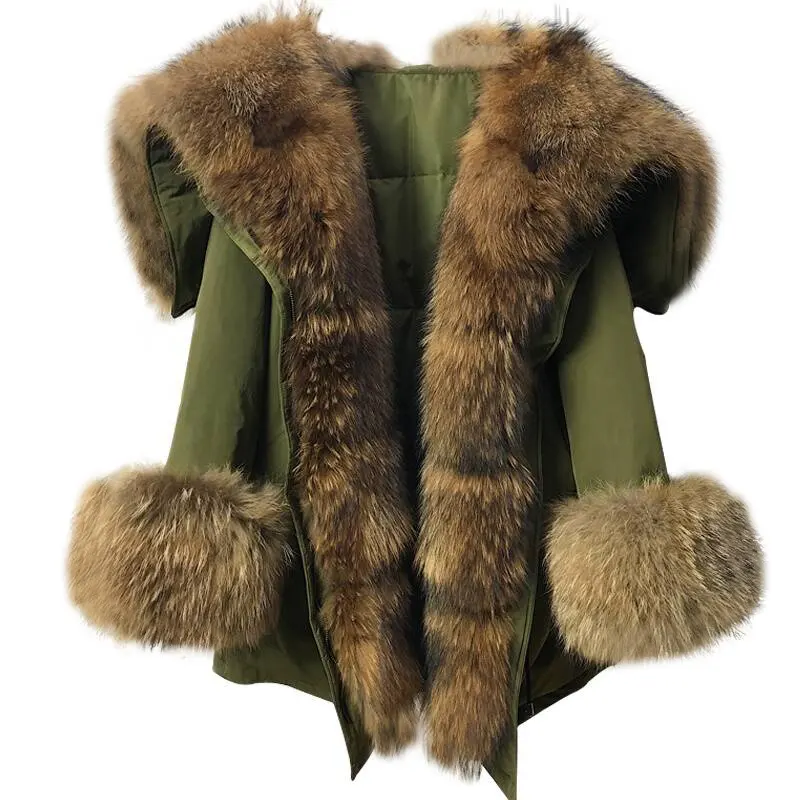 Plus Size Raccoon Fur Lining Winter Outwear Real Racoon Fur Puffer Coat Women Thick Warm Big Fluffy Fur Parka