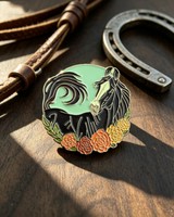Broche en métal émaillé noir floral, motif cheval, plaqué électrolytique, style western, bijou antique pour les amoureux des chevaux