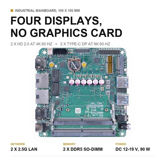 100x100mm AI PC Industrial Motherboard 8845HS 7840HS 6600H Quad Display Dual 2.5G LAN 2 HD 2.0 2 Type-C DP 8K DDR5 DC 12-19V
