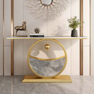 Mesa <span class=keywords><strong>Consola</strong></span> de Entrada de Metal con Losa de Roca de Lujo Ligero, Mesa Auxiliar Decorativa Semicircular Ultra Estrecha Montada en la Pared para Hotel - Product Image 1