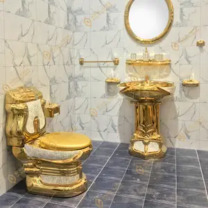 Royal Set Toilet Kamar Mandi, Set Toilet dan Alas Cuci Wastafel Keramik Berlapis Emas Vintage Warna Emas