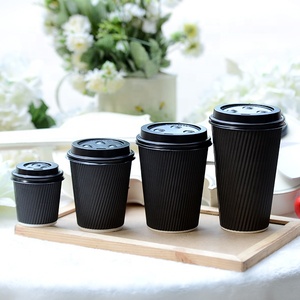 Gobelets en carton ondulé jetables noirs 8oz 12oz 16oz à paroi ondulée avec couvercle, personnalisables avec logo, pour café, thé, jus à emporter - Product Image 1