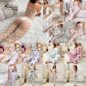 Ropa interior de costilla de encaje de contraste Sexy para mujer, pijamas de mujer, conjunto de pijamas de malla de corazón transparente con bordado de 2 uds - Product Image 1