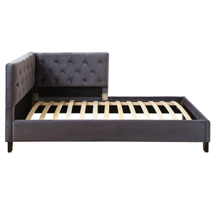 High <b>End</b> Grey Velvet Tufted Corner <b>Bed</b> Frame with Sturdy Wooden Slats For Home Bedroom - Product Image 5