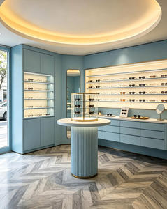 Luxury Optical Store Design Custom Eyewear Shop Fixtures Blue Gray <b>Display</b> <b>Cabinet</b> Brass Metal Glass Retail Interior Solution - Product Image 3
