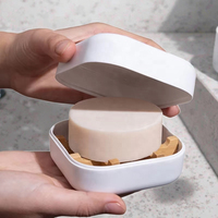 SEM PLÁSTICO, Suporte para Sabonete Quadrado de Fibra de Bambu Sustentável, Bandeja de Bambu Auto-Drenante com Tampa para Barras de Shampoo e Condicionador
