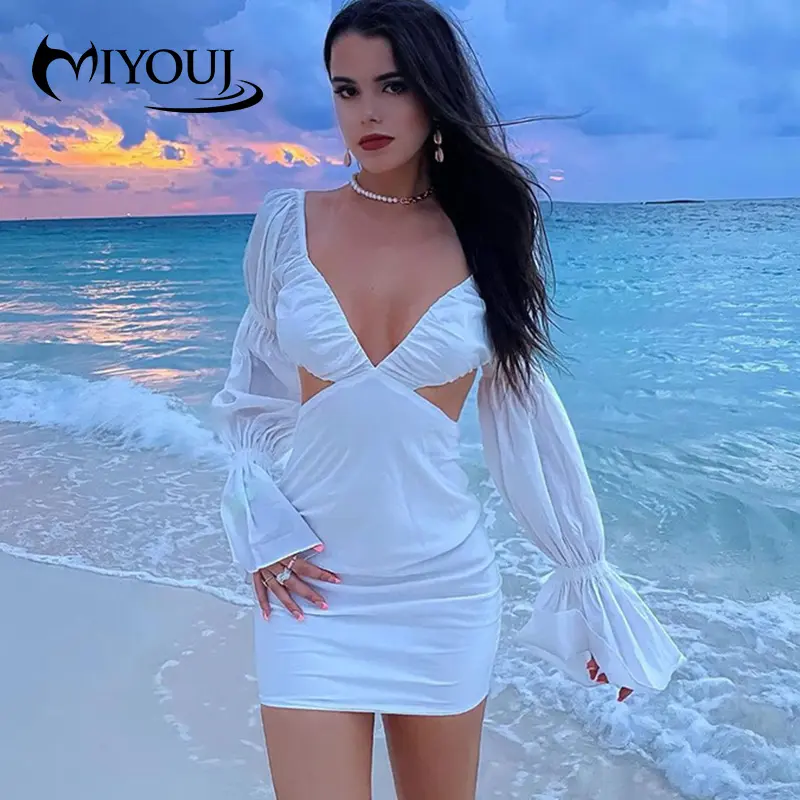 Miyouj Off shoulder sexy v neck flare long sleeve birthday dress women elegant backless cut out ladies holiday dresses