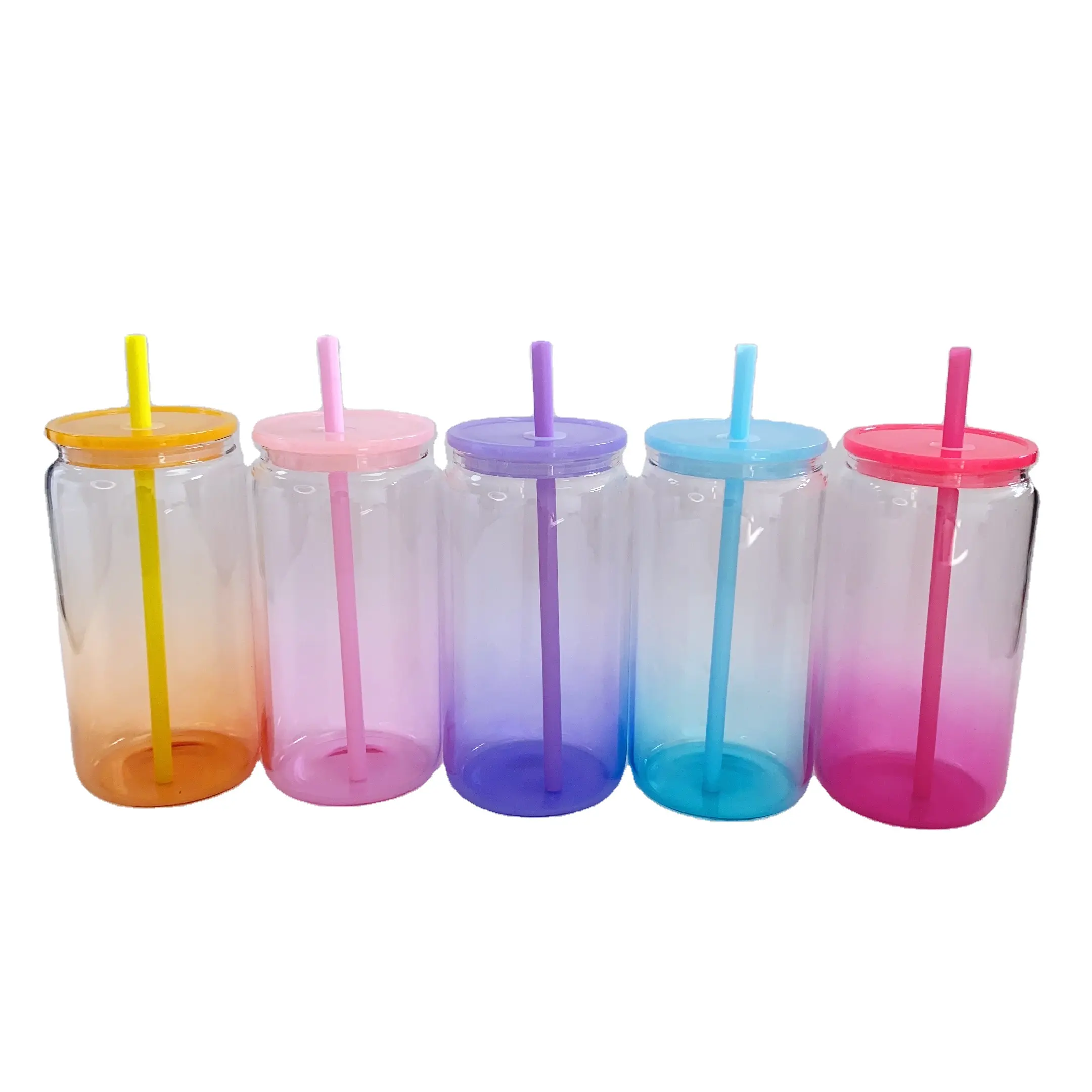 สินค้ามาใหม่16ออนซ์แก้วเยลลี่ไล่เฉดสีเยลลี่สามารถมีฝาพลาสติกและหลอดสำหรับไวนิล