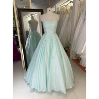 Gaun Prom Bordir Aplikasi Renda Pola Kupu-kupu Biru Muda Grosir 2025 2026 Dengan Tulle dan Tali di Belakang Model Ball Gown