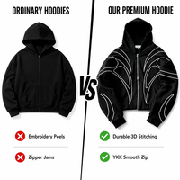 ZHILIAN Sweat à capuche court zippé avec broderie en corde, fermeture éclair YKK, style streetwear épais, vente en gros, OEM, ODM, marque privée