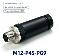 Conector de Aviación Macho de 4 Pines M12-P4S-PG9, Impermeable, con Terminal de Tornillo, 630VAC/DC, Acero Inoxidable, Clasificación IP67 para Automatización