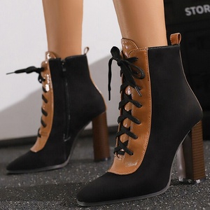 Women's Large Size 50 Lace up Ankle Ladies Wood Print High Chunky <b>Heels</b> Shoes Wide Fit Patchwork Short Booties - Product Image 1