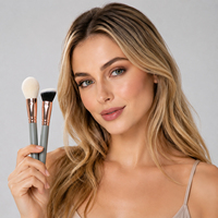 Ensemble de pinceaux de maquillage portables avec étui, manche gris, virole or rose, pinceaux cosmétiques pour le quotidien et les voyages