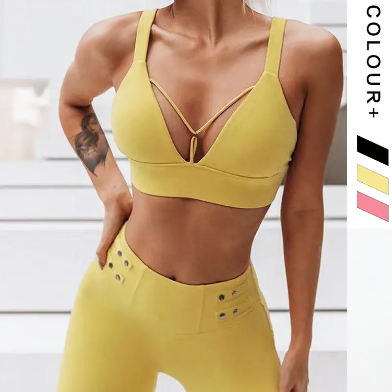 Factory active wear gym fitness sets wholesale yellow V-neck sexy tracksuits set fitness sports bra and leggings pants Set