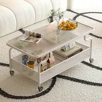 Table de service à thé minimaliste en métal, mobile, à double plateau en verre trempé cannelé, avec plateau de rangement en maille et roulettes silencieuses universelles