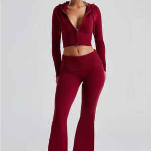 Ensemble de sport à capuche 2 pièces de haute qualité pour femmes Nouveau printemps Fermeture éclair intégrale Crop top + Pantalon <span class=keywords><strong>taille</strong></span> haute Couleur unie Ensemble tricoté décontracté - Product Image 1