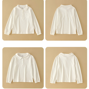 Polo pour enfants à manches longues, T-shirt polo pour garçons, blanc, tricoté, nouveau style printemps, col gris noir, pour filles - Product Image 2