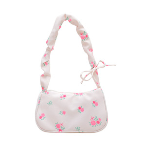 Sac à bandoulière en mousseline de soie à motif floral frais pour femme, sac à main décontracté avec détail nœud bleu clair - Product Image 4